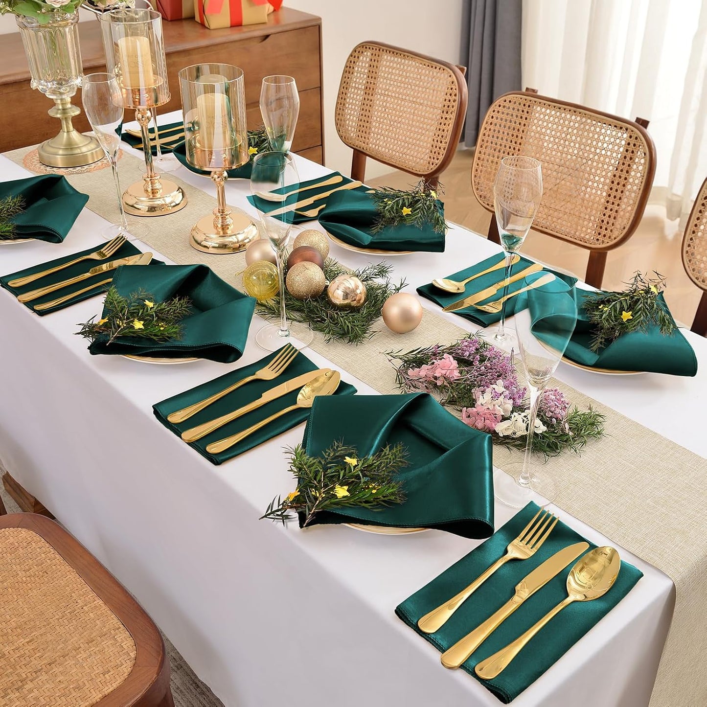 12 Pieces Forest Green Satin Napkins, 17" x 17" Square Table Napkins, Silky Soft Smooth Washable Napkins for Restaurant, Weddings, Dinner, Party Decoration