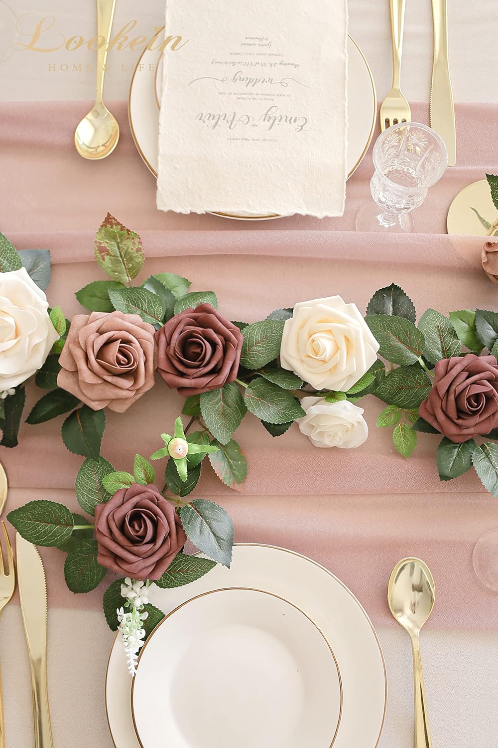 Lookein Artificial Rose Flower Garland Greenery Garland 5FT for Wedding Ceremony Backdrop Arch Flowers Table Centerpieces Decorations, Cream Plum