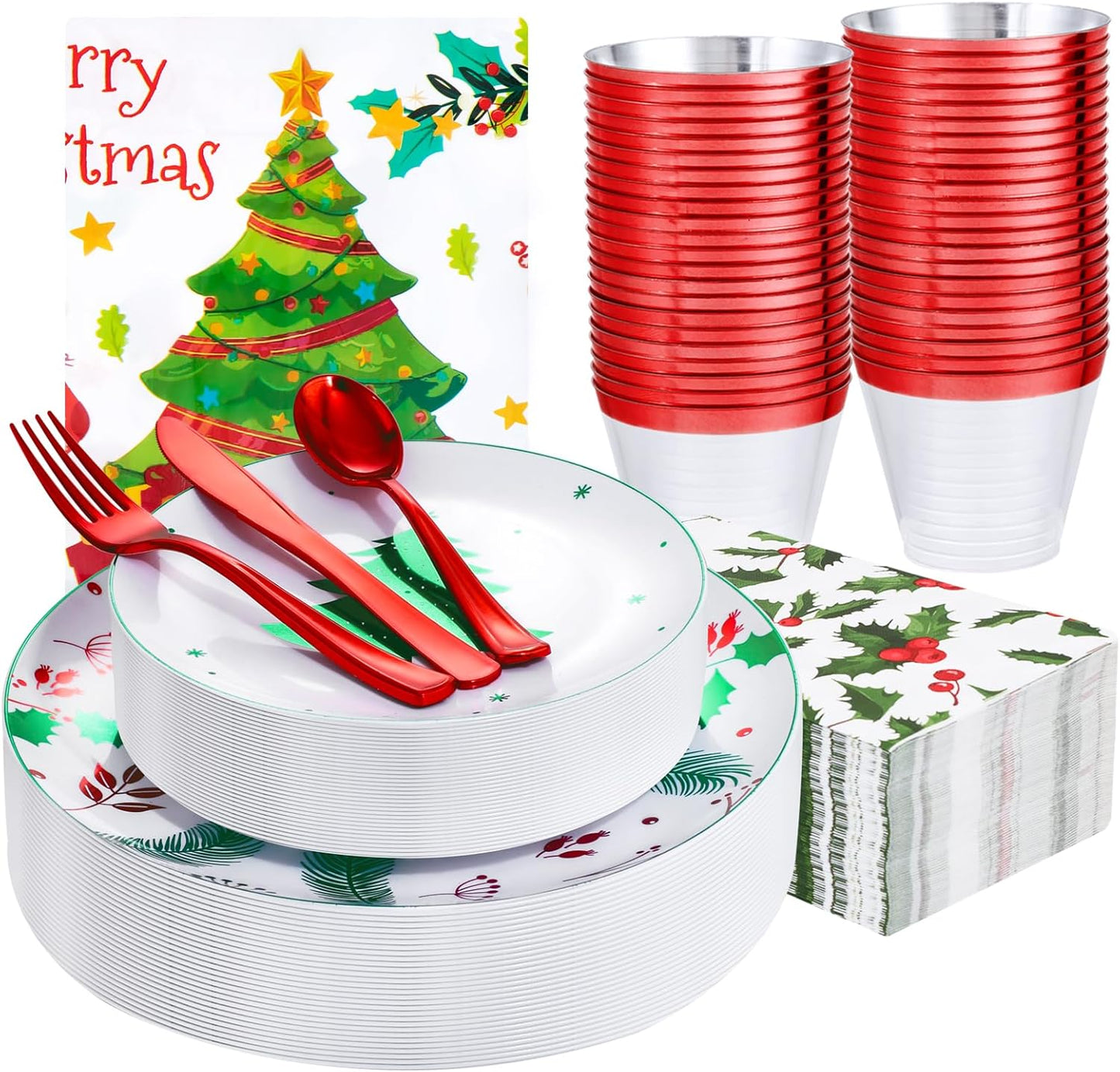 Festiva 176Pcs Christmas Plastic Plates Heavy Duty- Christmas disposable Dinnerware Set-include 50Plates 25Plastic Silverware 25Cups 25Holly Berry Napkins