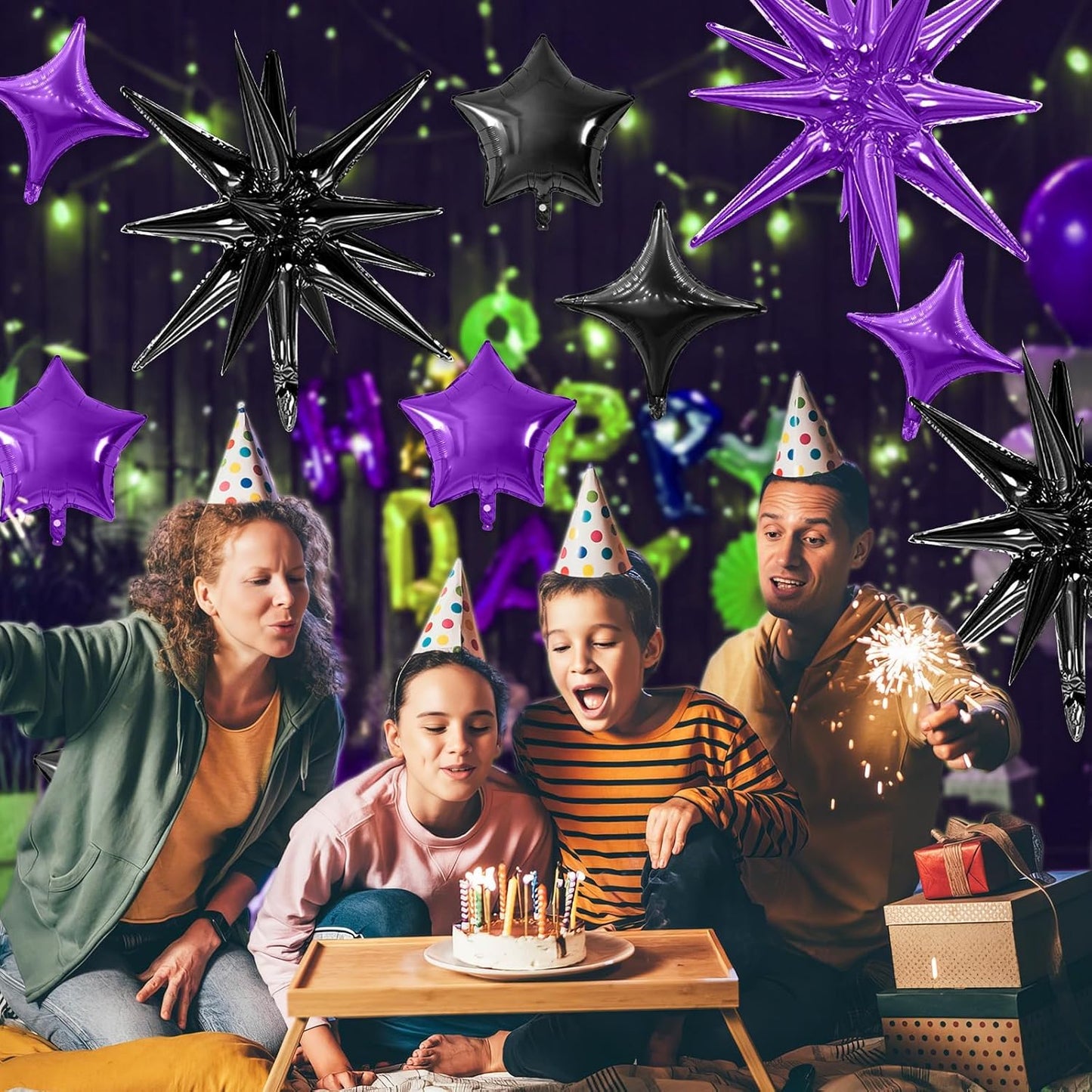 Purple Black Star Balloon,16Pcs Star Foil Balloons Set with 22Inch Explosion Spike Cone Balloons and 10Inch Quadrangle Helium Balloon for Birthday Wedding Baby Shower and Halloween Party Decorations