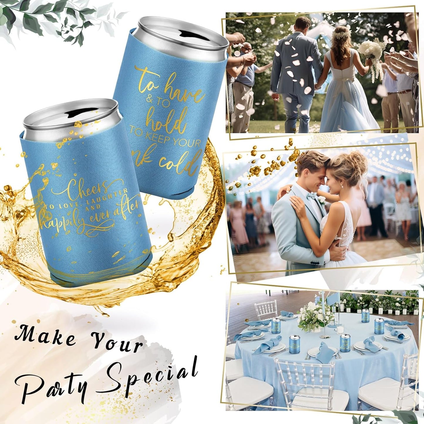 50 Pieces Wedding Can Cooler Bulk Engagement Party Favors for Guests Cheers to Love Laughter and Happily Ever After Rehearsal Dinner Decorations for Wedding Bridal(Haze Blue,Cute)
