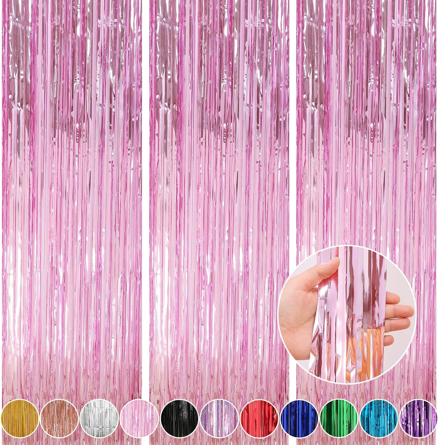 Crosize 3 Pack 3.3 x 9.9 ft Pink Foil Fringe Glitter Curtains Party Decorations, Tinsel Backdrop for Parties, Door Streamers for Birthday, Photo Booth Backdrops, Party Decor