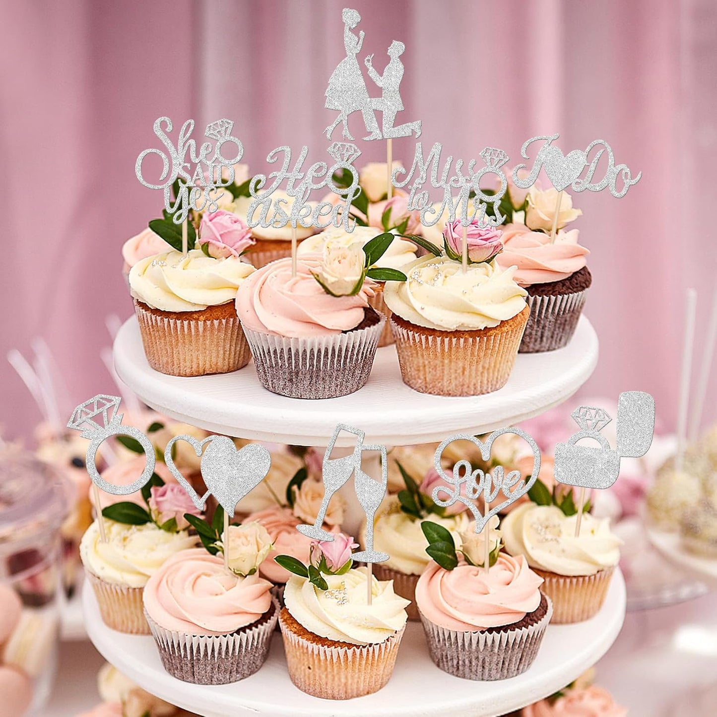 30 PCS He Asked She Said Yes Cupcake Toppers Engagement Cupcake Toppers Miss to Mrs I Do Love Heart Ring Miss to Mrs Cupcake Picks for Wedding Engagement Party Cake Decorations Supplies Silver