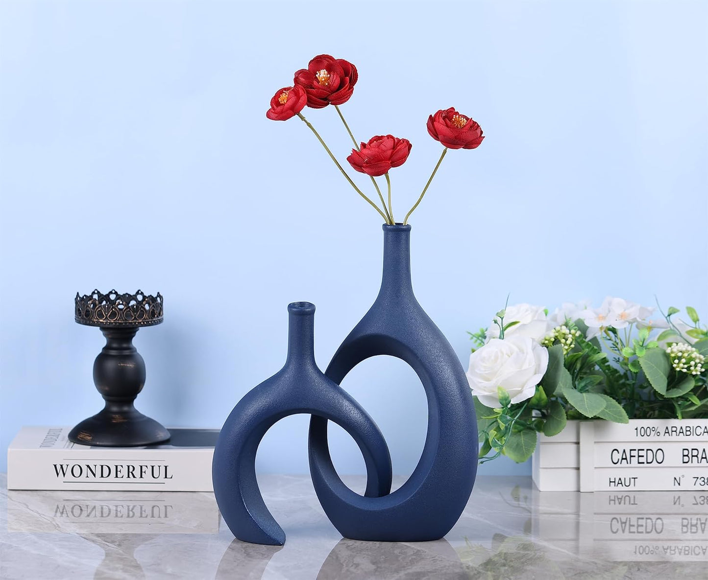 Blue Ceramic Vase Set of 2 - Modern Navy Blue Vase for Dining Table Centerpieces, Farmhouse and Home Decor, Office Partitions, Mantelpiece, Entrance Decoration
