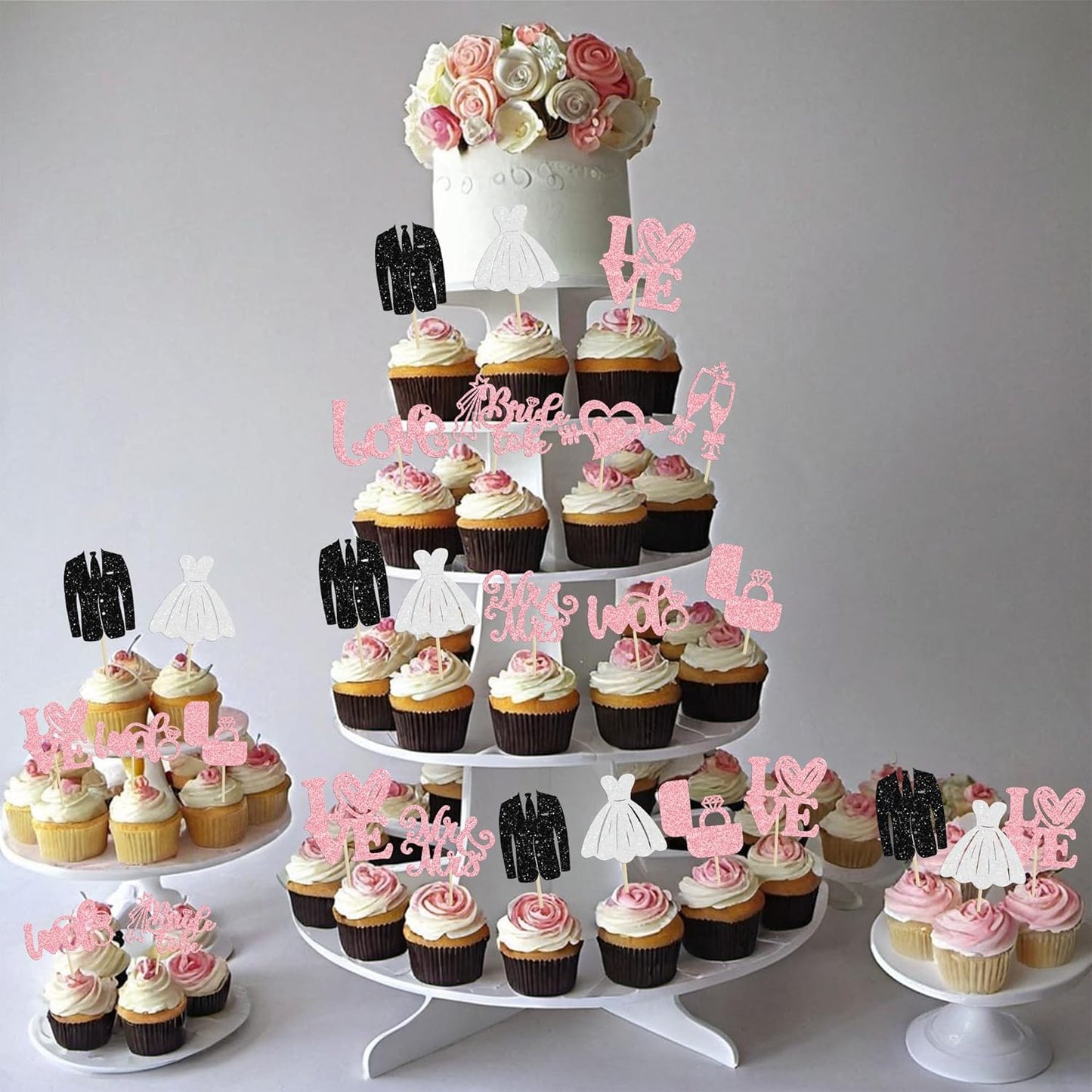 Ephlyn 30Pcs Bride to be Cupcake Toppers Glitter Wedding Cake Topper Decorations I Do Love Heart Ring Cupcake Picks for Bridal Shower Wedding Engagement Party Supplies Pink