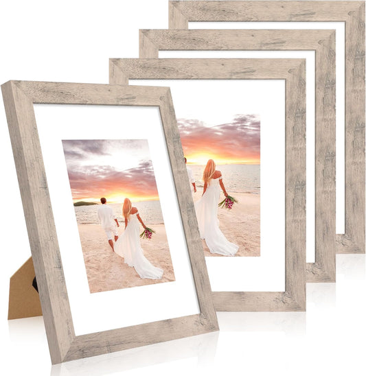 9x12 Picture Frame Set of 4 with Tempered Glass, Smoke Gray Frame Display 6x8 Pictures with Mat or 9 x 12 Without Mat, Rustic Wodd Photo Frames for Wall Mount and Tabletop Display