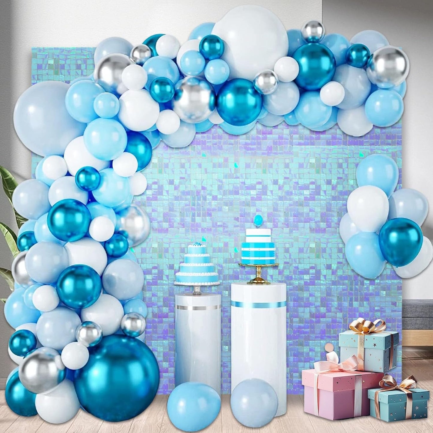 24PCS Colorful Ice Blue Shimmer Wall Backdrop, Square Sequin Photo Backdrops Panel, Glitter Wall Background for Birthdays, Weddings, Christmas, Engagements, Disco Bachelorette Party Decor (3FTx4FT)