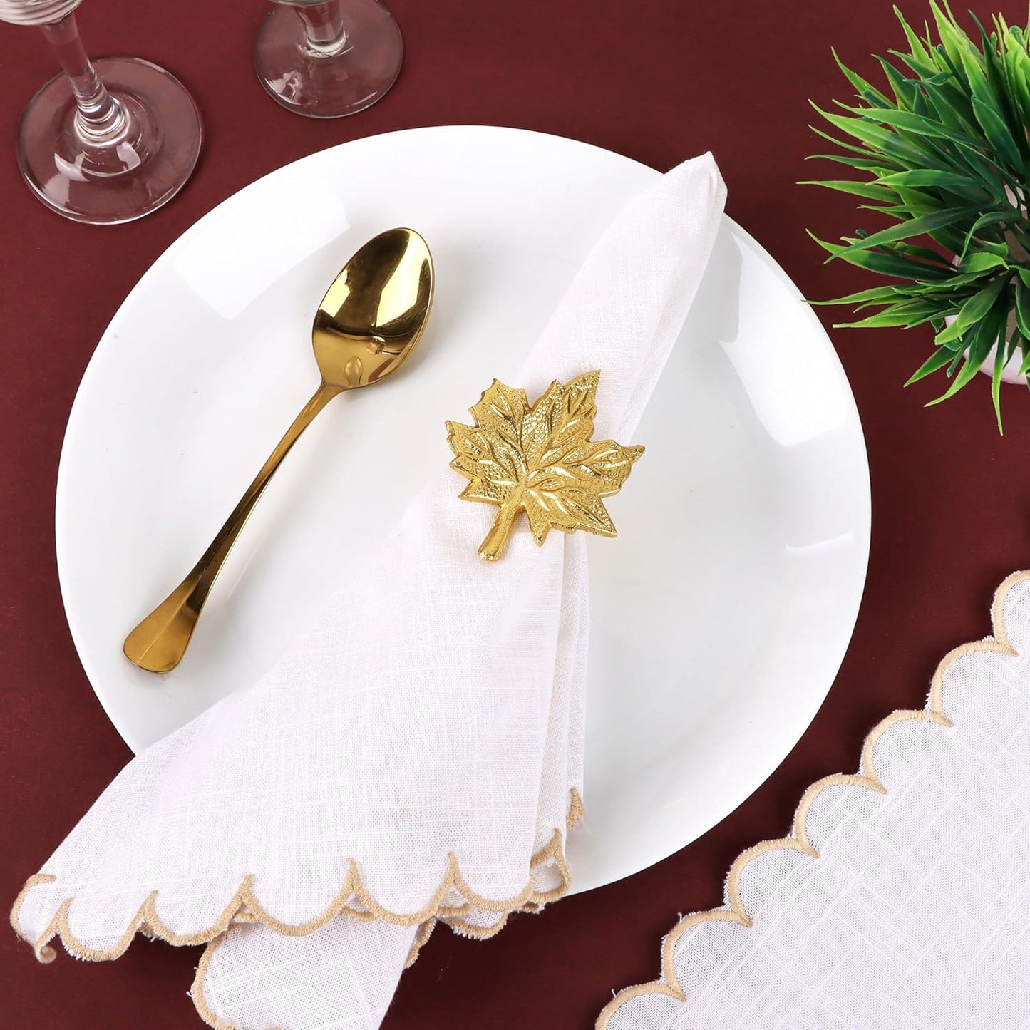 Set of 12 Maple Leaf Napkin Rings - Handcrafted Aluminum Napkin Holders for Cloth & Paper Napkins, Elegant Table Décor for Wedding Receptions Thanksgiving Christmas Holiday Parties (Gold) CLEENTABLE