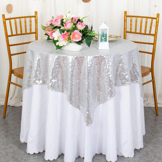 ShinyBeauty Sequin Tablecloth 36x36-Inch-Silver Square Glitter Table Cover Silver Table Cloths for Parties-190626J