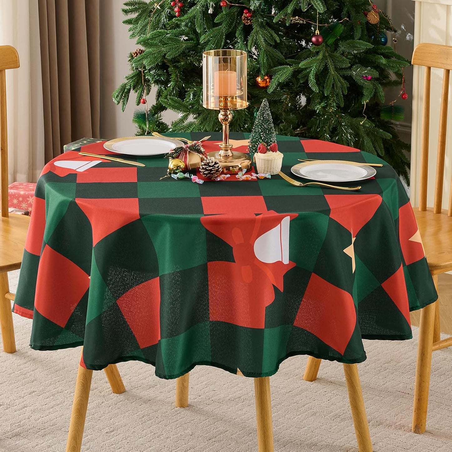Christmas Tablecloth Round 60 Inch Waterproof, Machine Washable Checkered Polyester Table Cover for Xmas Party, Winter Holiday Home Decoration in Festive Checkered Star 1pack