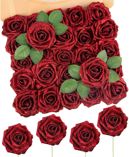 N&T NIETING Artificial Flowers Glowing Red Flowers Foam 50pcs Glitter Roses Real Looking Fake Roses with Stem for DIY Wedding Bouquets Centerpieces Bridal Shower Party Mother's Day Home Decorations