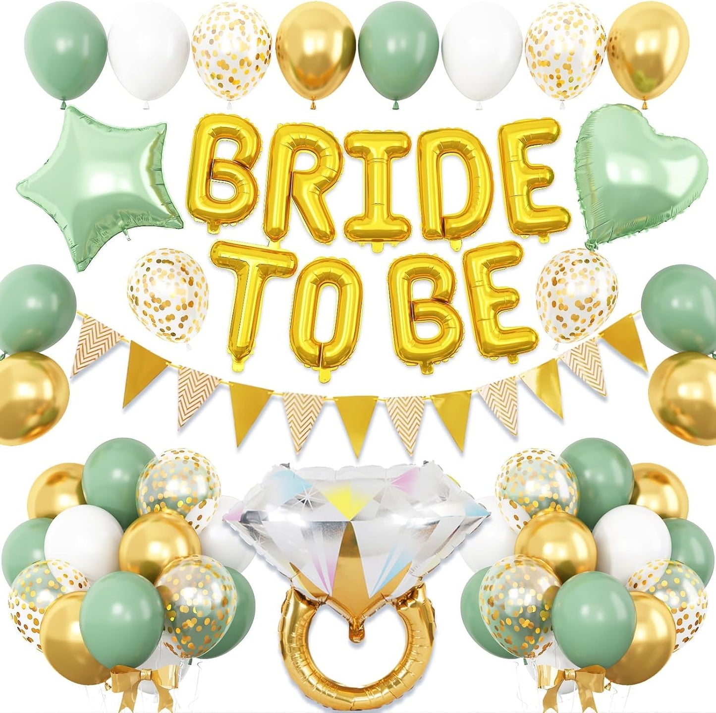Bridal Shower Decorations Sage Green,Bachelorette Party Decor with Bride To Be Letter Balloons Banner, Diamond Ring Heart Foil Balloon,Green Gold Confetti Balloons for Engagement Wedding Party favors