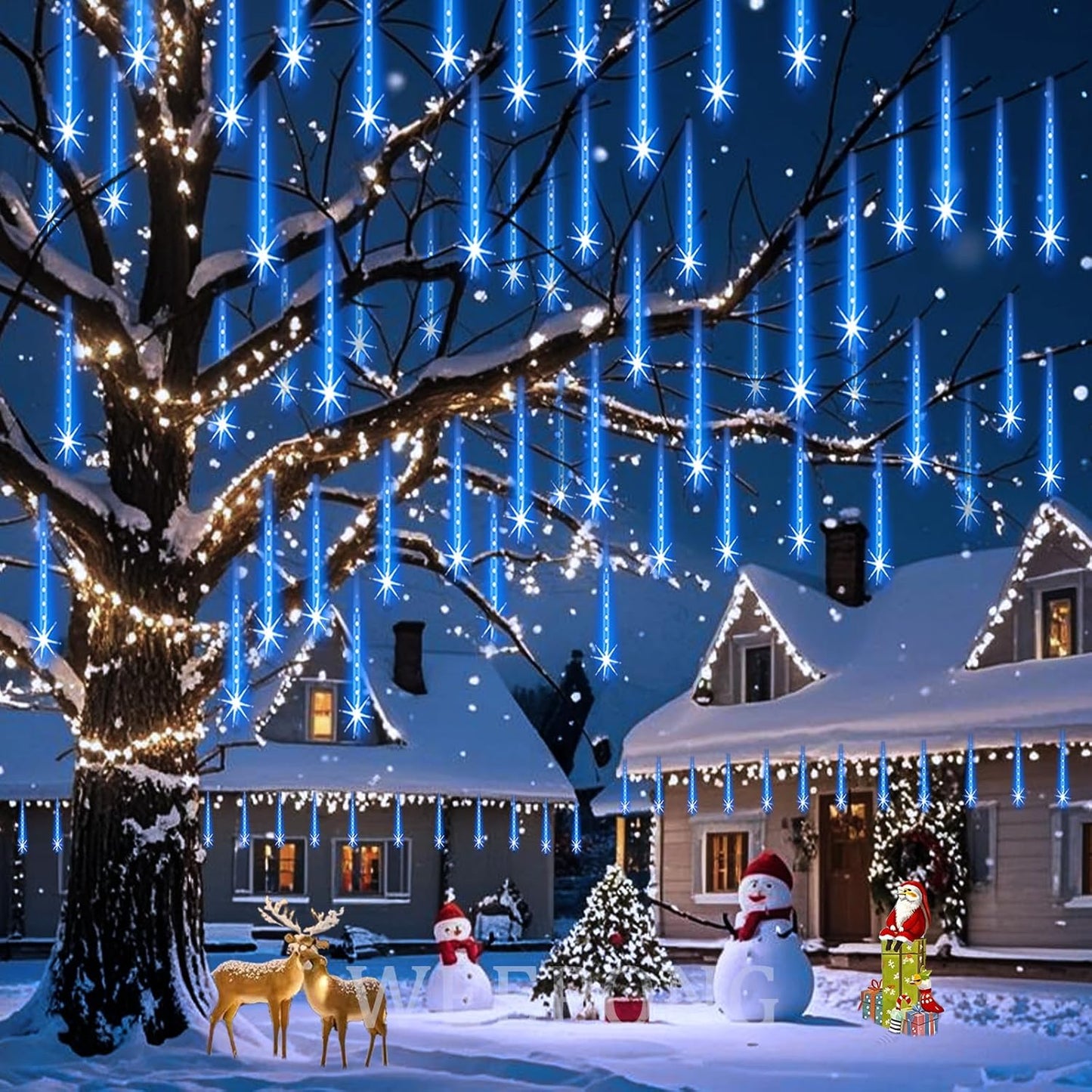 Christmas Lights Outdoor 32 Tubes 768 LEDs Meteor Shower Lights UL Certified Snow Falling Rain Drop Icicle String Light for Xmas Tree Halloween Decorations Wedding Party Garden Decor, Blue