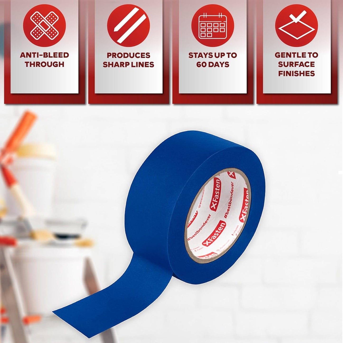 XFasten Professional Blue Painters Tape, Sharp Edge Line Technology, 1.5 Inches x 60Yards (3-Pack) - Produces Sharp Lines and Residue-Free Artisan Grade Clean Release Wall Trim Tape