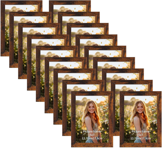 PETAFLOP Picture Frames 5x7 Bulk Set of 18, Wooden Brown Photo Frames Fits 5 by 7 for Wall or Tabletop Display