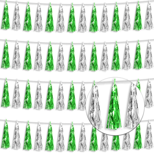4P Green Silver Foil Fringe Tassel Banner Garland Metallic Tinsel Streamers Wall Hanging Curtain Backdrop Banner for Parade Floats, 2024 Graduation Decorations, Father's Day Party Decoration