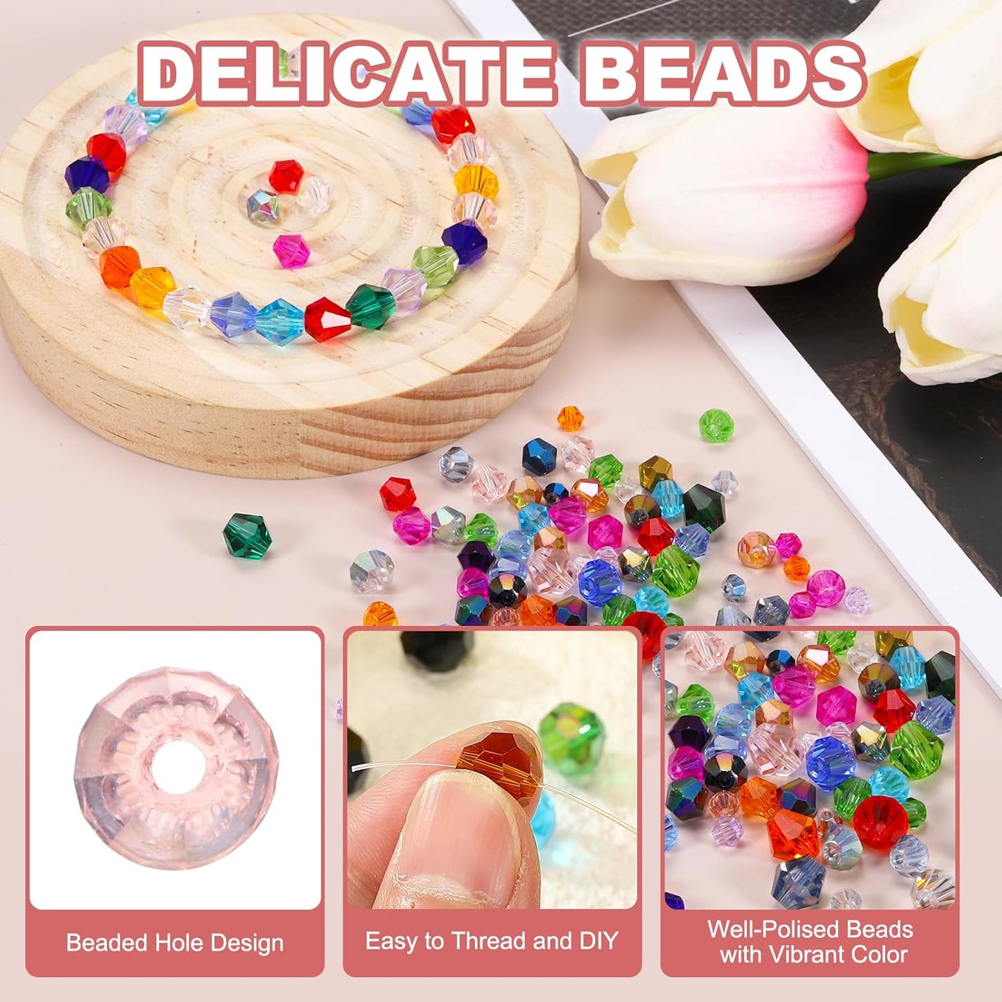 PATIKIL 1000pcs 4mm Bicone Glass Crystal Beads, Faceted Glass Spacer Beads with Box for Jewelry Making Bracelet Necklace Earrings DIY Suncatcher Craft, Pink AB