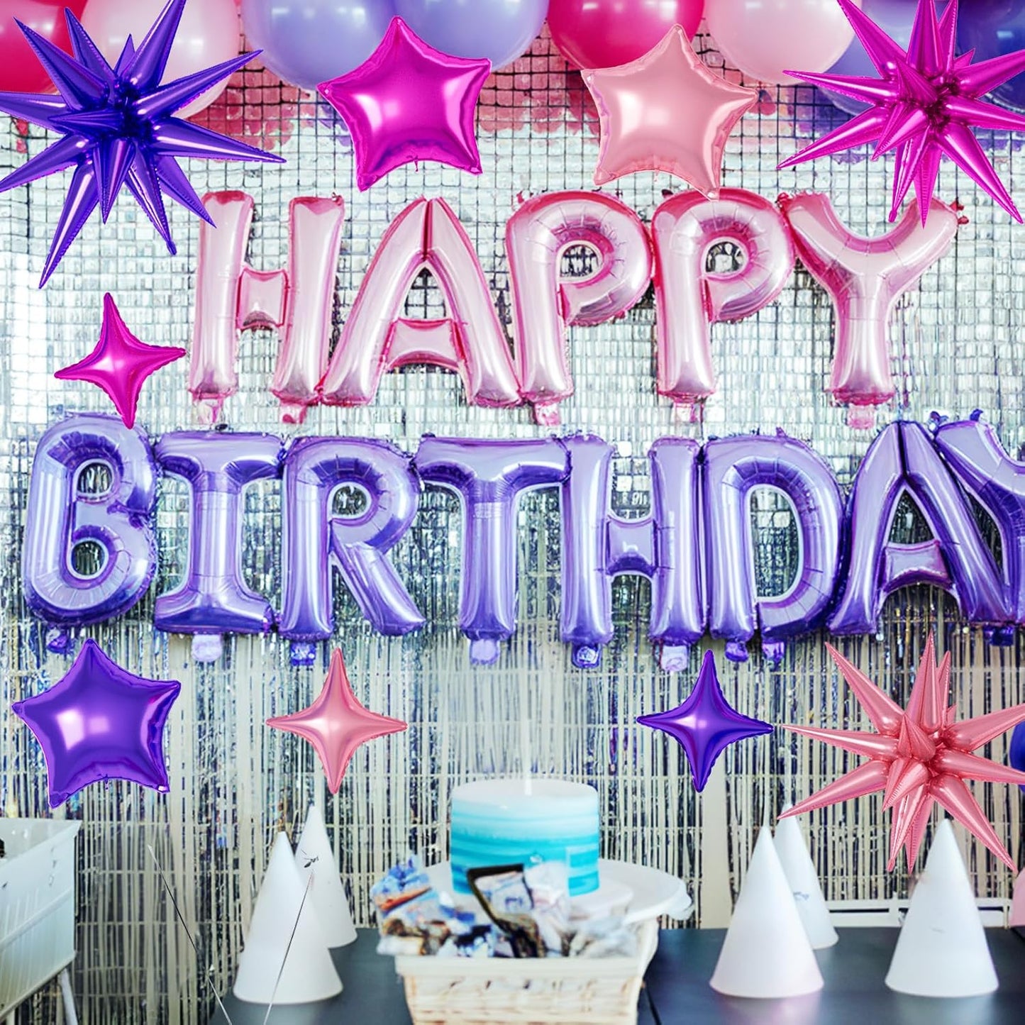 16 Pcs Hot Pink Purple Star Balloons, 22/18/10 Inch Foil Balloons, Four-Pointed Balloon for Girl Princess Birthday Wedding Baby Shower Party Decorations