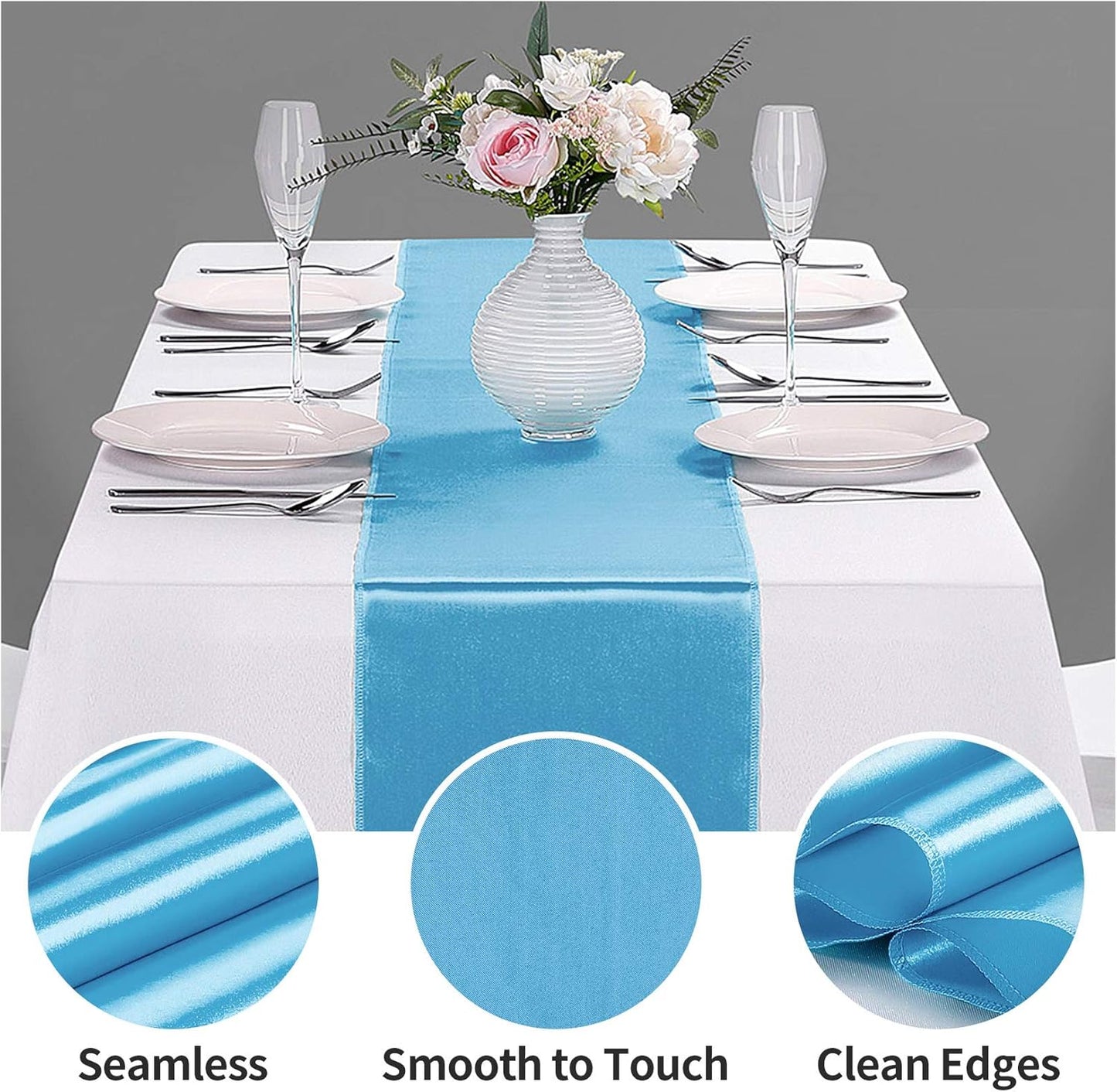 5-Pack Satin Table Runner Blue 12 x 108 inches Long, Table Runners for Wedding, Birthday Parties, Banquets Decorations（5 Pack, 12x108 Inch, Blue）