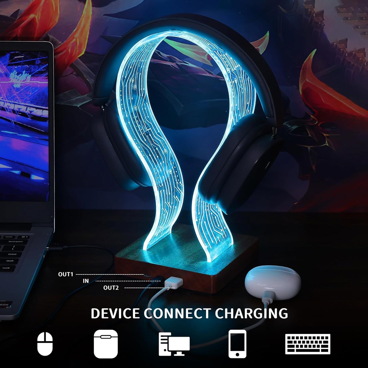 YuanDian RGB Headphone Stand with 16 Changing Colors, Wooden Headset Holder with 1 USB Charging Port and 1 Type-C Charging Port Touch Control with Remote, Gift for Gamers, Men, and Music Lovers