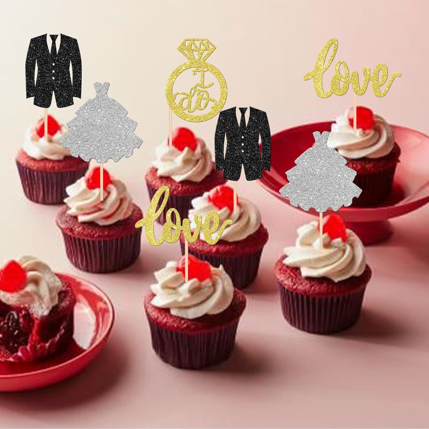 24 PCS Wedding Cupcake Toppers Glitter Bride and Groom Cupcake Picks Love I Do Ring Cupcake Decorations for Wedding Engagement Bridal Shower Theme Party Cake Decorations Supplies Gold