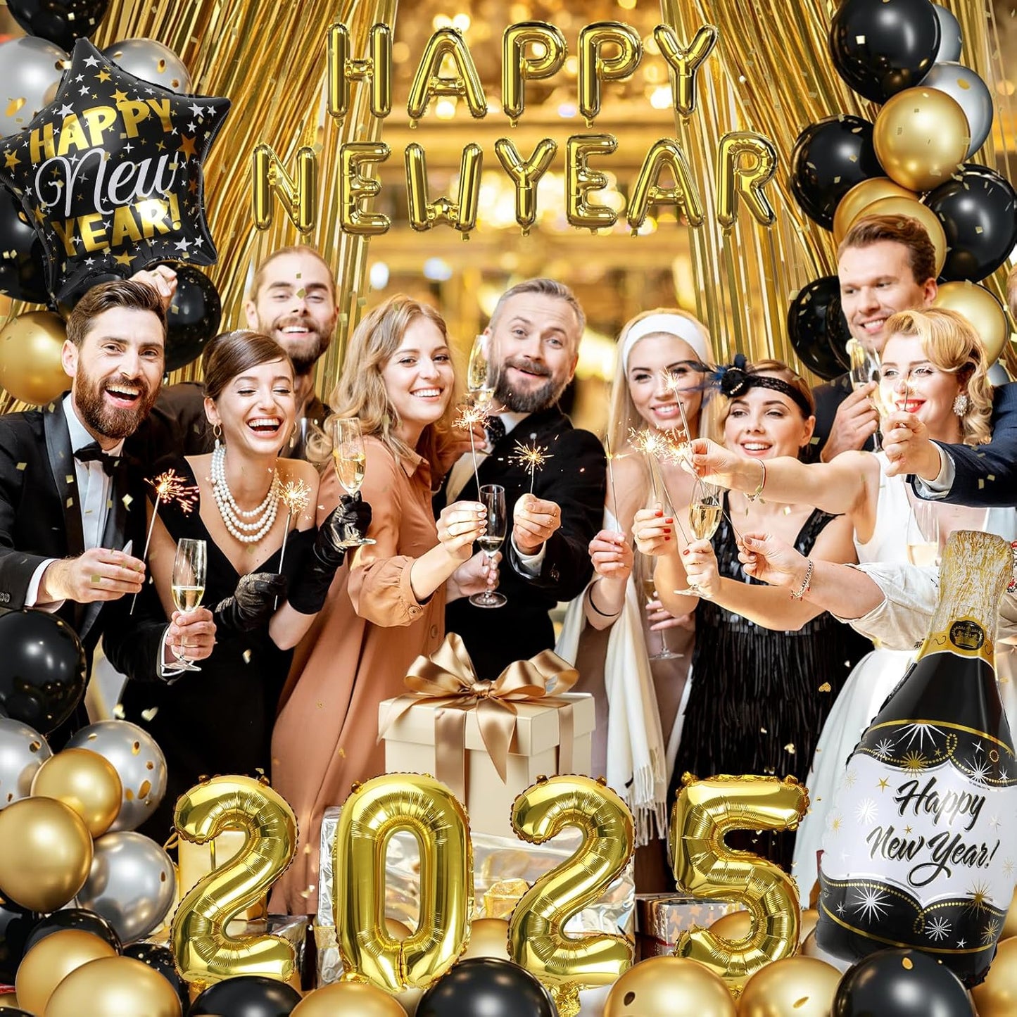 Nye Decorations 2025, Black and Gold Balloons 2025 Number Balloons Champagne Balloons New Year Banner Fringe Backdrop for New Years Eve Party Supplies 2025
