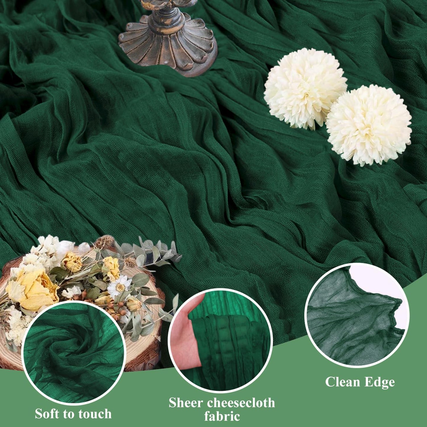 Asee'm 2PCS Table Runner Cheesecloth 10FT Emerald Green Boho Gauze Fabric Rustic Sheer Cheese Cloth Runners for Wedding Bridal Shower Party Spring Easter Decoration