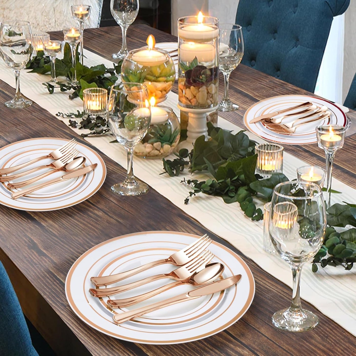 600PCS Rose Gold Plastic Plate Set (100 Guests), Plastic Plates for Party Wedding Birthday, Disposable Dinnerware Set of 200 Plates, 200 Forks, 100 Spoons, 100 Knives for Christmas