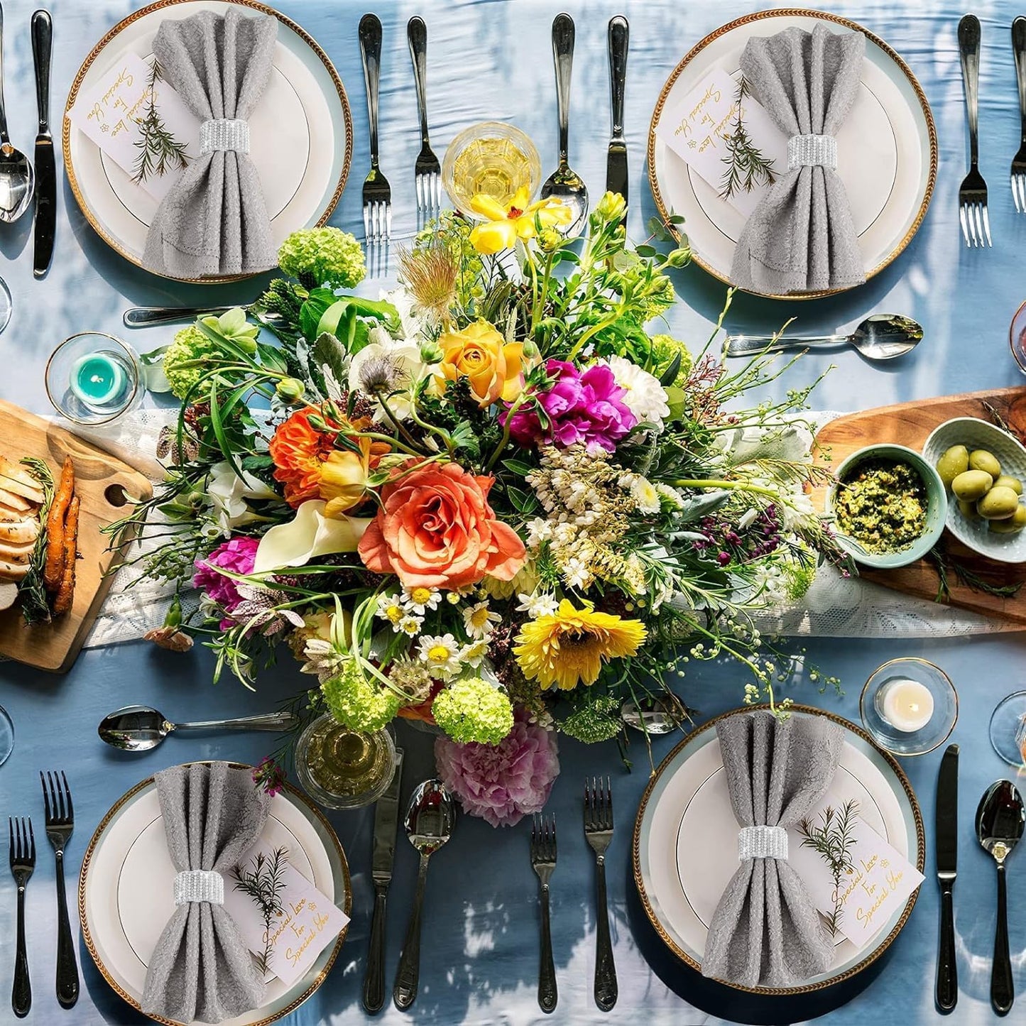 Silver Pearls 6pcs Napkin Rings Rhinestone Crystal Glass Framed Napkin Holder Handmade Serviette Buckles for Christmas, Easter, Thanksgiving Day Wedding Banquet Home Party Decoration Dining Table