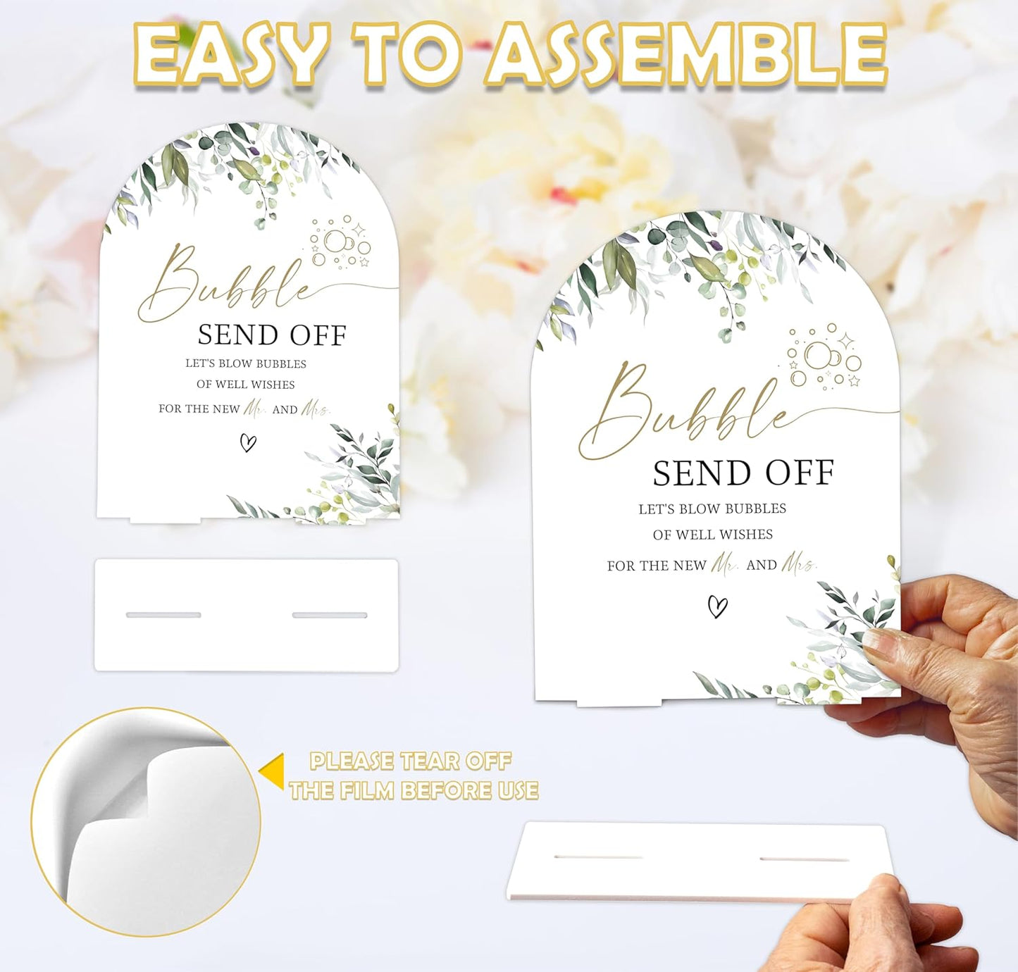 Greenery Bubble Send Off Sign, 6 x 8 Inch White Arch Acrylic Wedding Sign with Holder, Wedding Sign for Ceremony and Reception, Wedding Decoration, Wedding Supplies - LY14