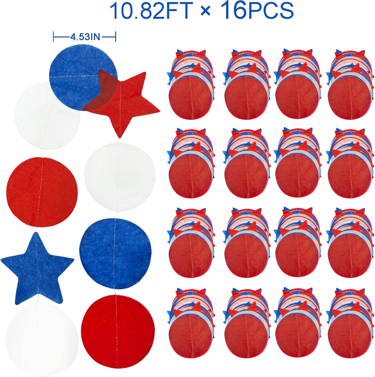 173Ft Navy Blue Red and White Party Decorations Big Star Circle Dots Backdrop Streamer Garland for 4th of July American USA National Day Patriotic Veterans Graduation Wedding Birthday Party Supplies