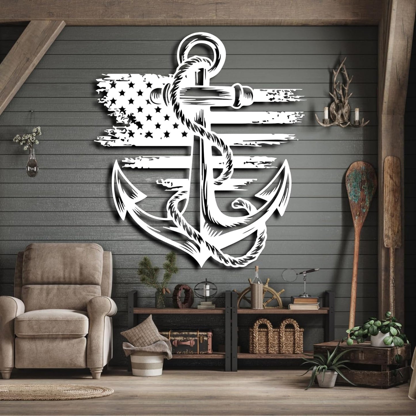 lunwall Metal Anchor Wall Decor, Anchor Metal Sign, Metal Anchor Decor, Anchor Metal Wall Art, Metal Nautical Wall Decor, Metal Wall Decor Coastal, Anchor Wall Decor (white, 24L x 21W / 60 x 54 cm)