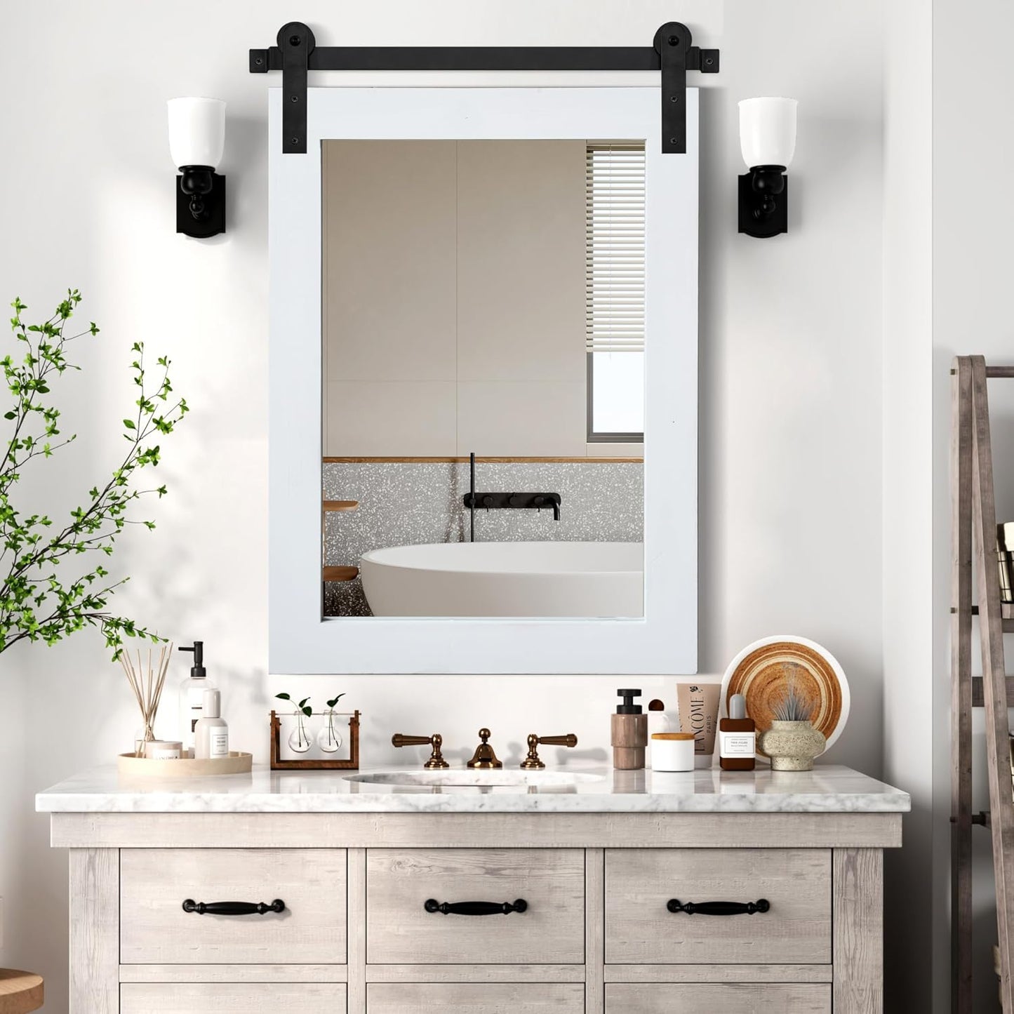 COGOOD Farmhouse Barn Door Mirror - 25 x 38 Rustic Bathroom Mirror for Living Room, Entryway, Vanity Wall Decor (Pure White)