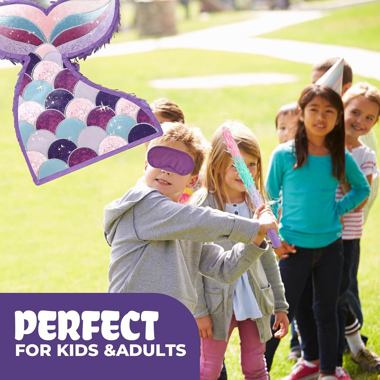 Mermaid Tail Pinatas Bundle with a Blindfold and a Bat (16.5 x 12 x 4 Inches), Perfect for kid's Birthday Parties, Mermaid Theme Parties for Girls, Decorations