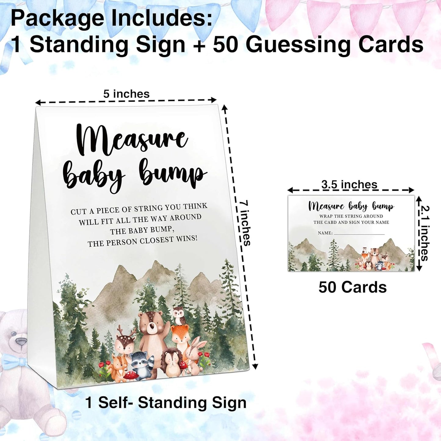 Woodland Baby Shower Game: Jungle Animal Safari Measure Baby Bump, 1 Standing Sign with 50 Cards for Gender Neutral Shower - A02