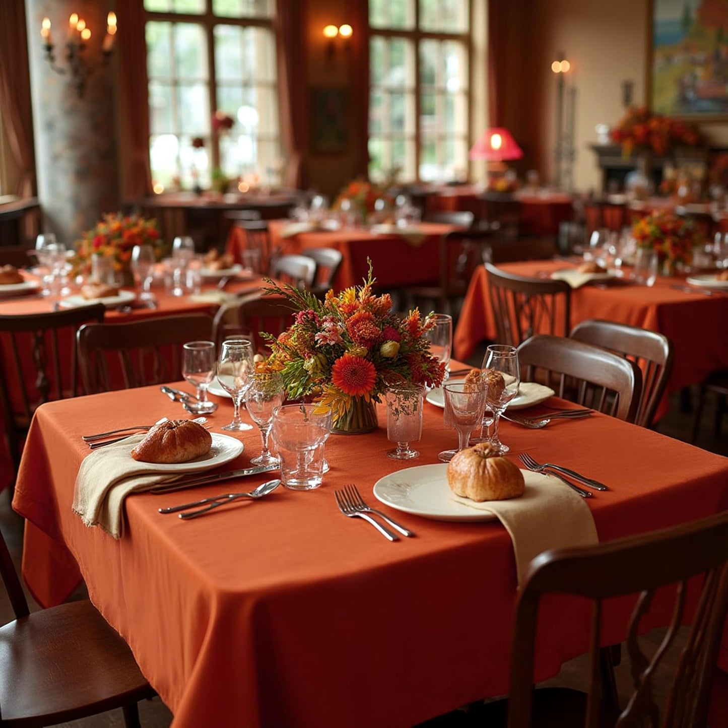 sancua Thanksgiving Square Tablecloths 85x85 Inch Rust, 2 Pack Fabric Fall Table Cloth for Square or Round Tables, Burnt Orange Washable Polyester Table Cover for Dinner, Holiday Party, Display Tables