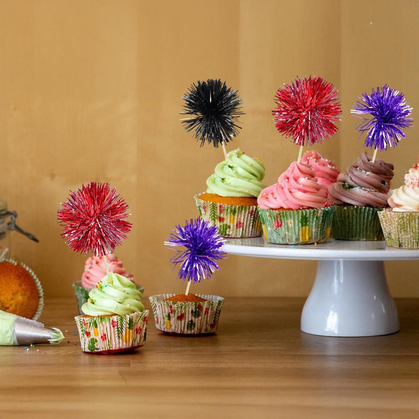 Gyufise 30Pcs Foil Firework Cupcake Toppers Sparkle Tinsel Cake Toppers Tinsel Drink Cake Decoration Cocktail Picks for Halloween Birthday Wedding Graduation Party Supplies Purple Black Red