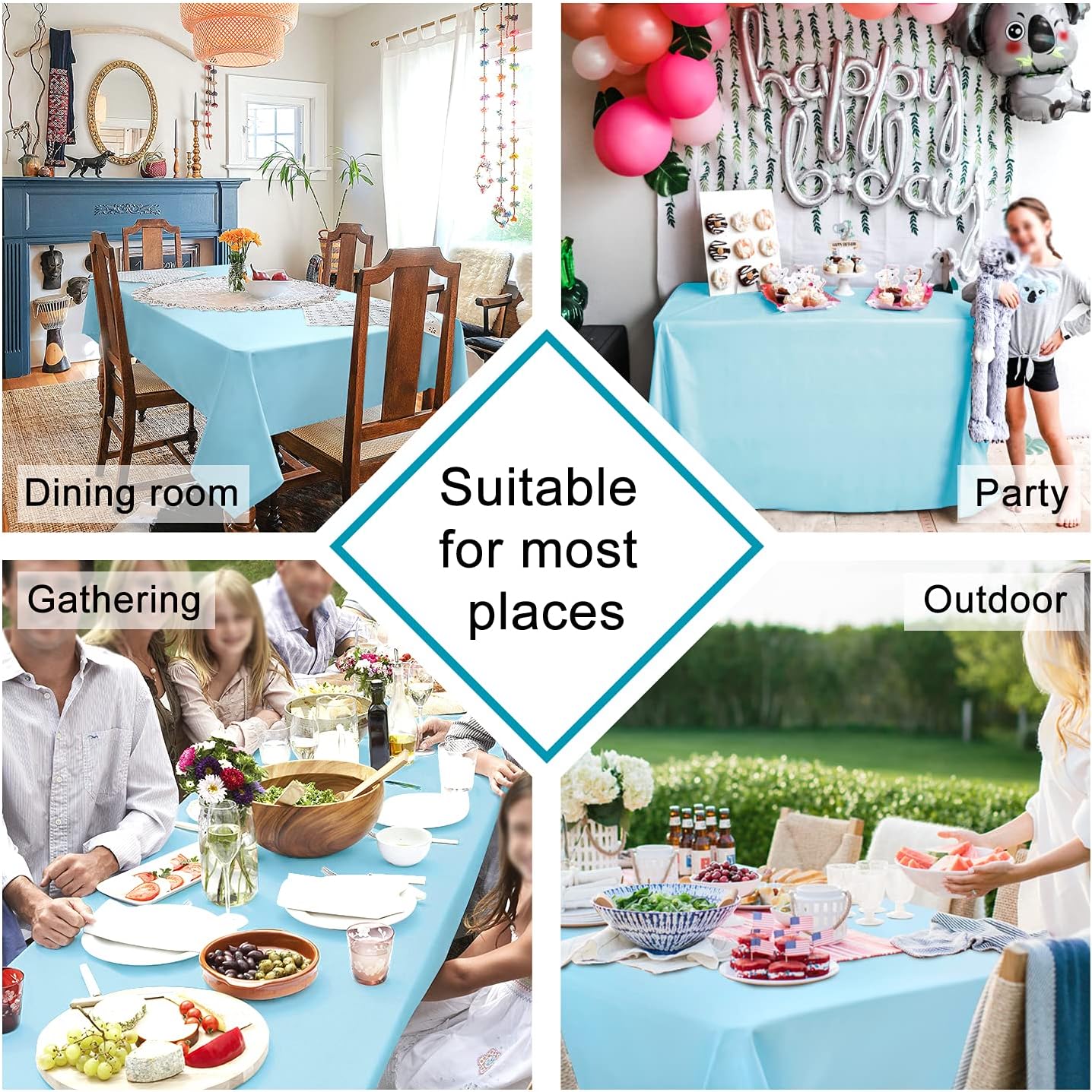 Hiasan Waterproof Tablecloth Rectangle - Washable Fabric Table Cloth for Dining Room Kitchen Birthday Party and Outdoor Use, Sky Blue, 70 x 108 Inch