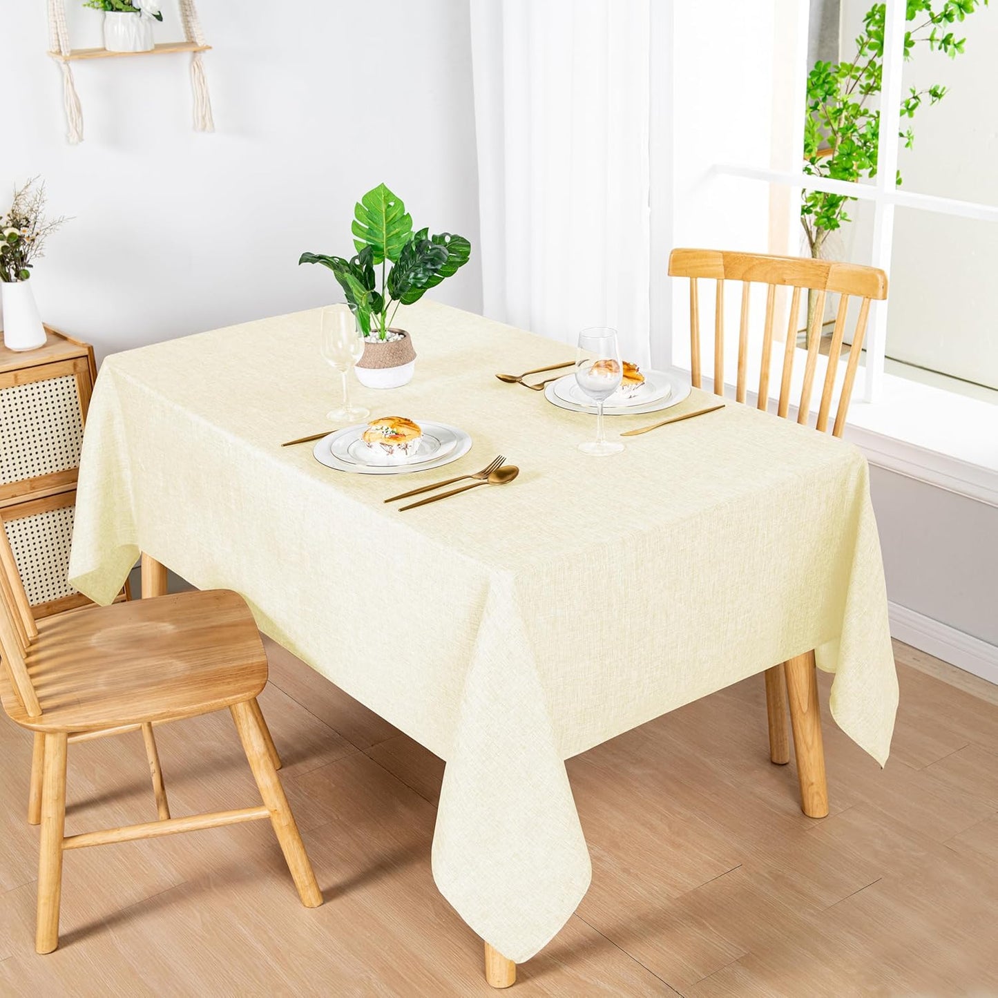 Hiasan 2 Pack Faux Linen Rectangle Tablecloth - Wrinkle and Stain Resistant Washable Table Cloth for Kitchen Dining Room Holiday Dinner, Champagne, 70 x 90 Inch