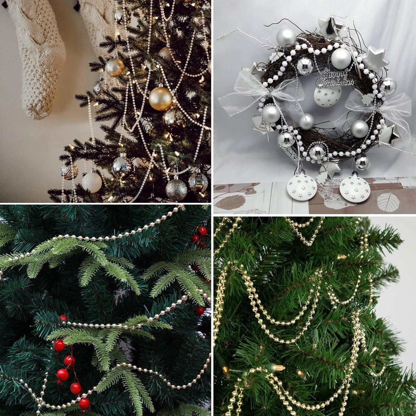 [33 Feet] Silver Pearl Beads Garland, 10MM 11 Yards Silver Faux Pearl Beads String Roll Bulk for DIY Craft Christmas Tree Wedding Party Decoration