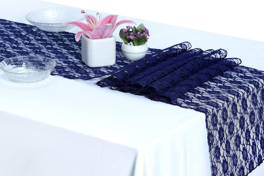 MDS Pack of 25 Wedding 12 x 108 inches Lace Table Runner for Wedding, Decorations for Birthday Parties, Banquets, Graduations, Engagements, and Runners fit Rectangle, Round Table- Navy Blue