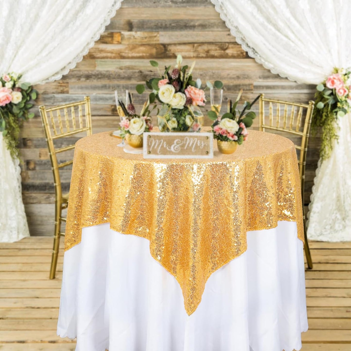 ShinyBeauty Gold Tablecloths 36X36 Inch, 2 Pieces Sequin Table Cloth for Party Sparkle Tablecloth Square Golden Small Shimmer Table Overlay for Wedding, Birthday, Holiday,Cake Tables