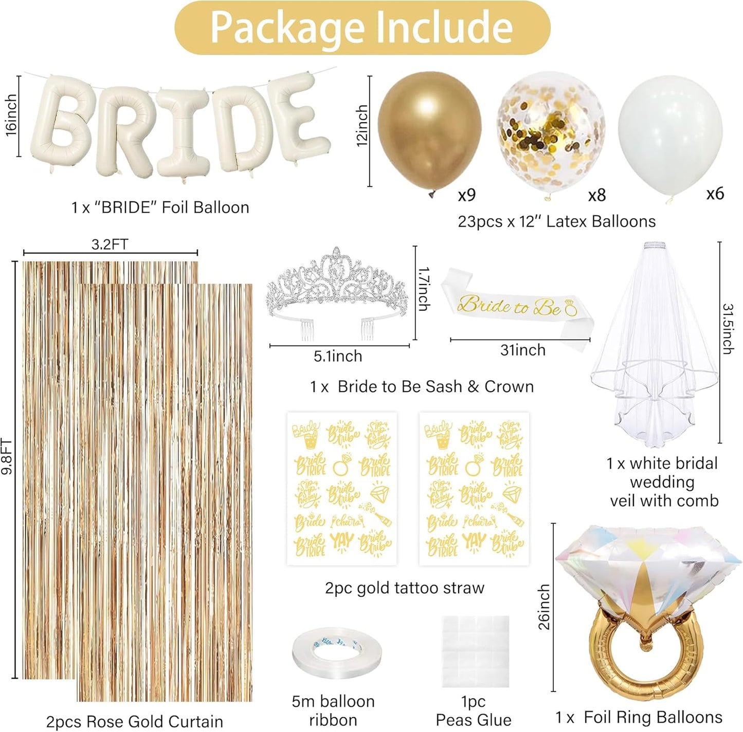 Trgowaul Bride to Be Decorations for Women, Bride to Be Banner, Bridal Shower Tiara, Sash&Veil, Fringe Curtains, Champagne Gold Bachelorette Bridal Shower Fecorations Party Supplies