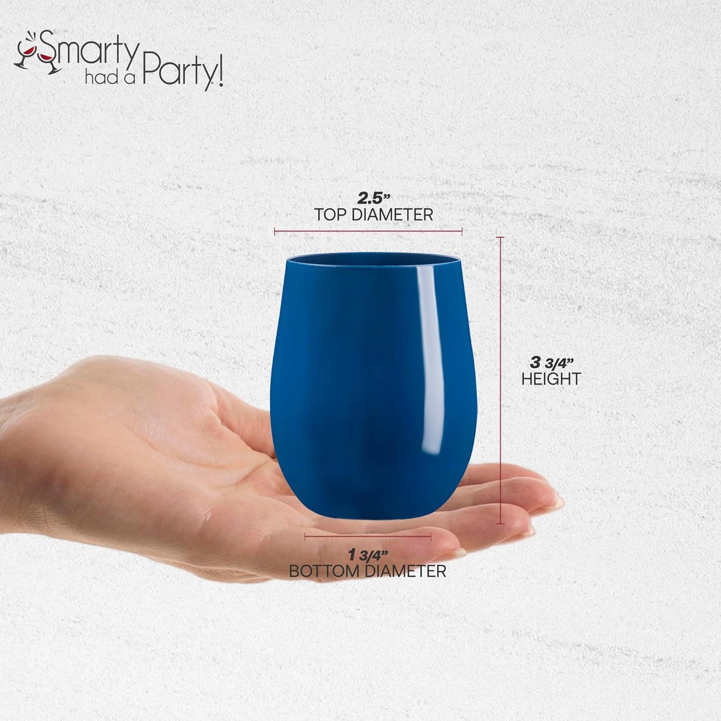 Smarty Had A Party 12 oz Wine Glasses – 64 Navy Stemless Plastic Wine Glasses, Unbreakable Disposable Drinkware for Weddings & Events