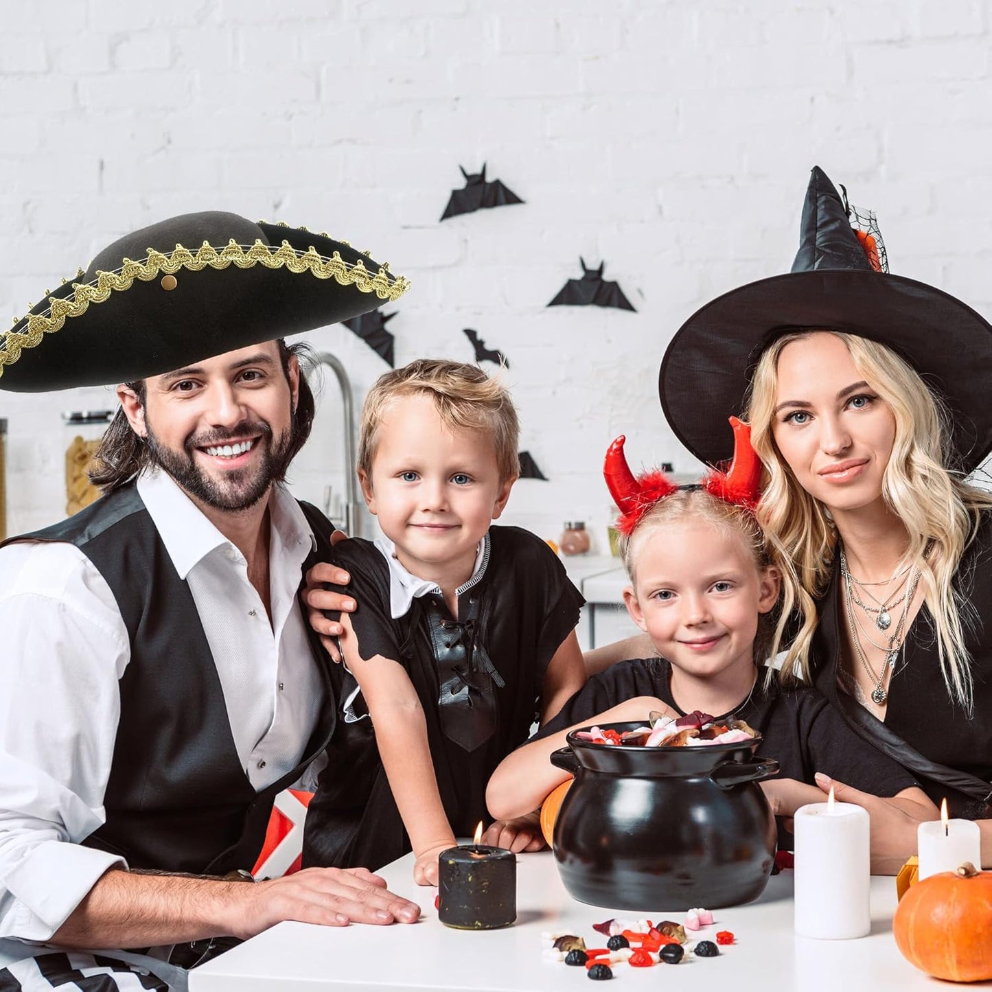 6 Pack Pirate Tricorn Hats Black Buccaneer Hat with Gold Trimming Pirate Captain Hat for Halloween Dress-up Party Supplies