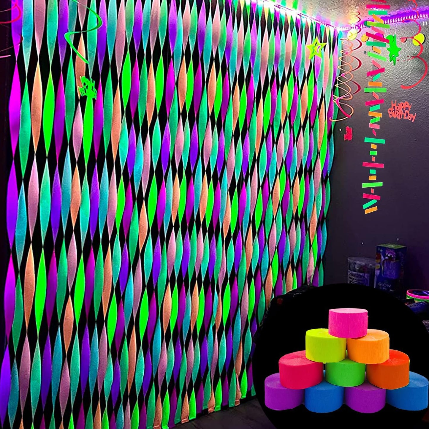 888 Feet Neon Glow Streamer Decorations - UV Reactive Fluorescent Neon Paper Streamers for Glow in The Dark Parties