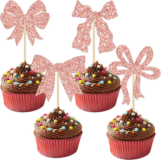 Ephlyn 24Pcs Bow Cupcake Toppers Bow Birthday Cake Topper Girls Birthday Party Decorations Bowknot Cupcake Decorations for Bridal Baby Shower Birthday Wedding Themed Party Rose Gold