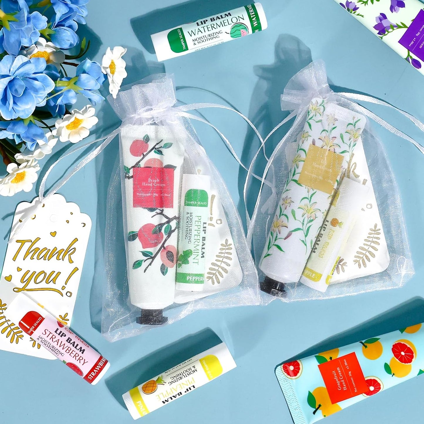 AZEN 24 Sets Bulk Gifts, Hand Cream and Lip Balm Bulk Set with Organza Bag Thank You Card, Baby Shower Wedding Gifts for Guests, Bridal Wedding Favors for Guests, Thank You Gifts for Women