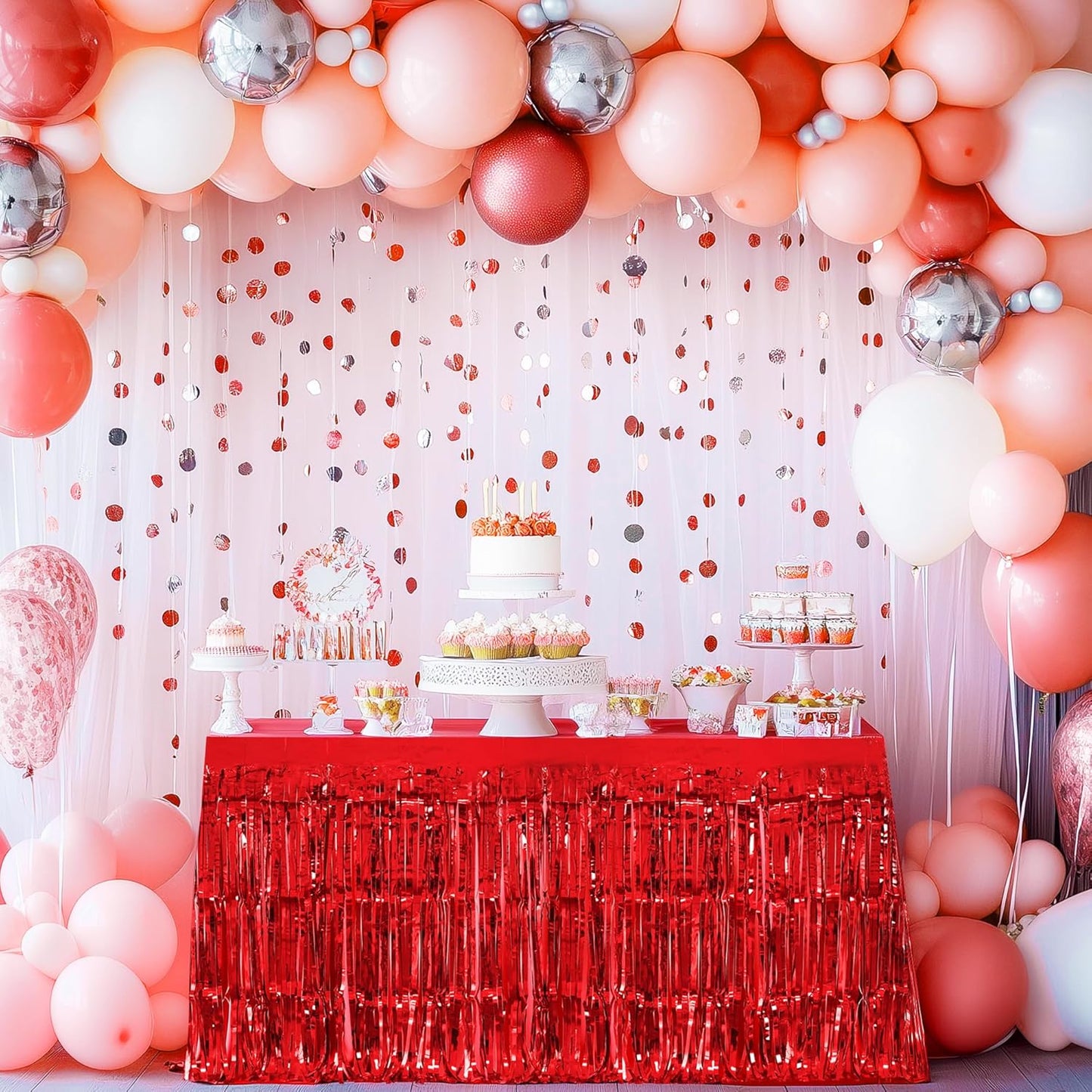 2 Pack Red Table Skirts, 29x108" Metallic Foil Tinsel Fringe Table Skirts for Rectangle Tables Streamer Curtains Backdrop, Party Decorations for Birthdays Weddings Holidays