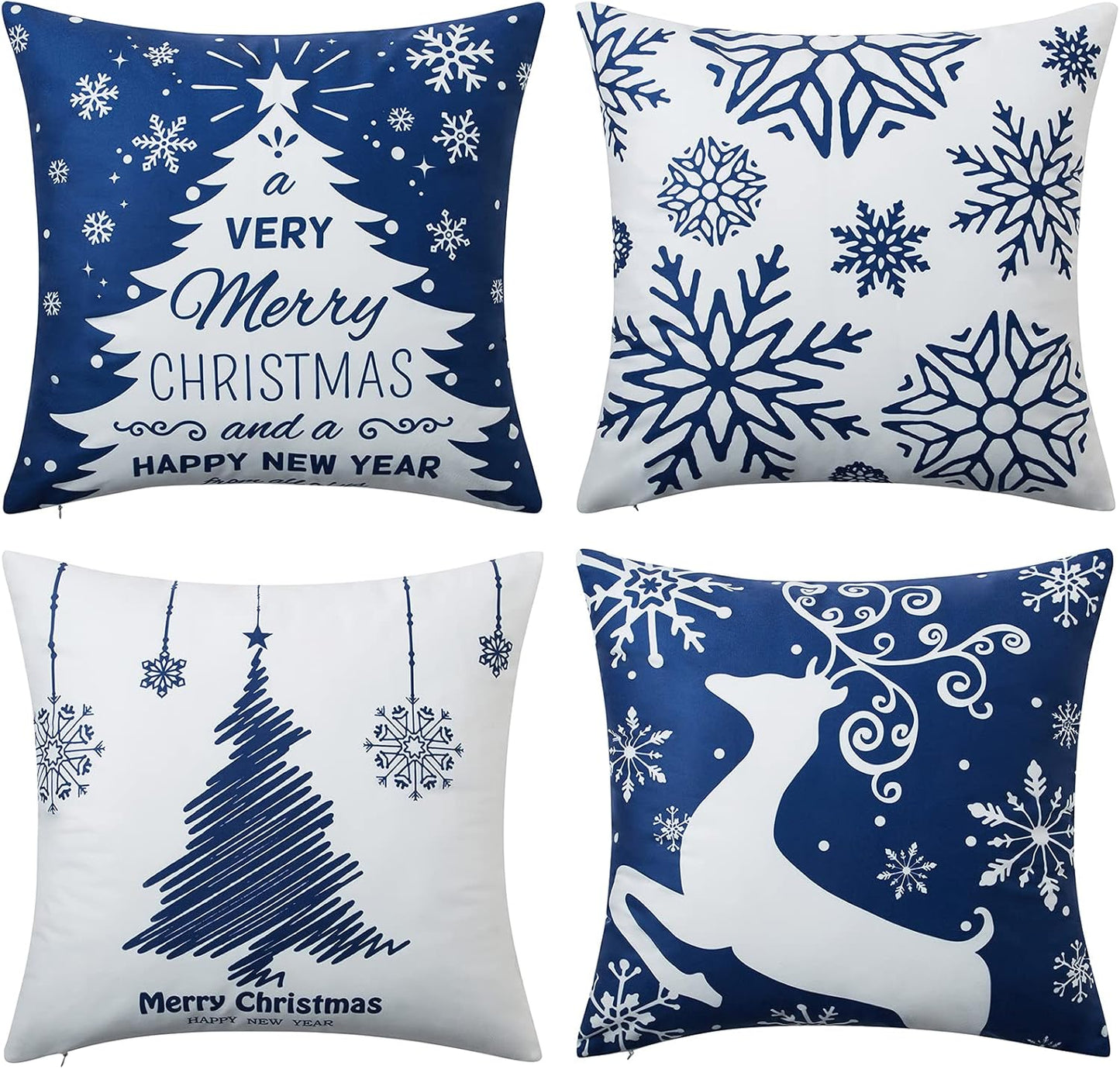 Christmas Pillow Covers 20X20 Set of 4 Navy Blue white Christmas Decorations Merry Christmas Snowflake Throw Pillow Covers Deer Xmas Tree Decor